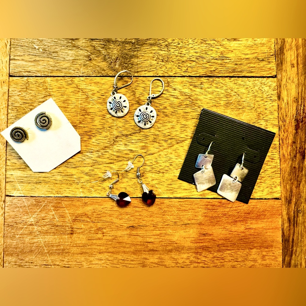 Boho Bundle: 4 Pair Earrings - Silver Tone Post and Dangle and Red Heart Dangles